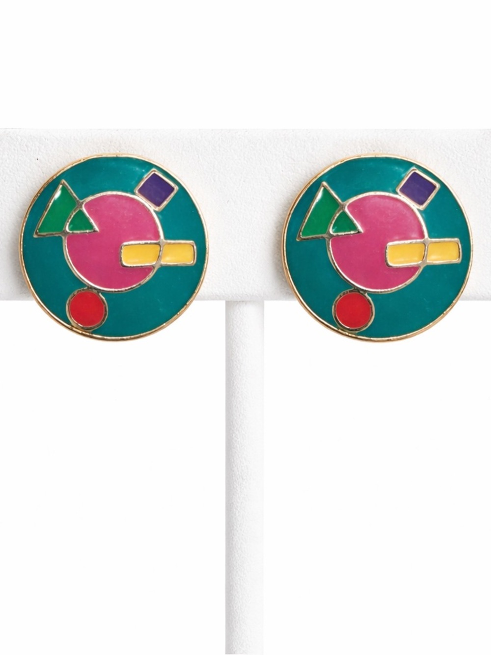 vintage-style geometric statement clip on earrings